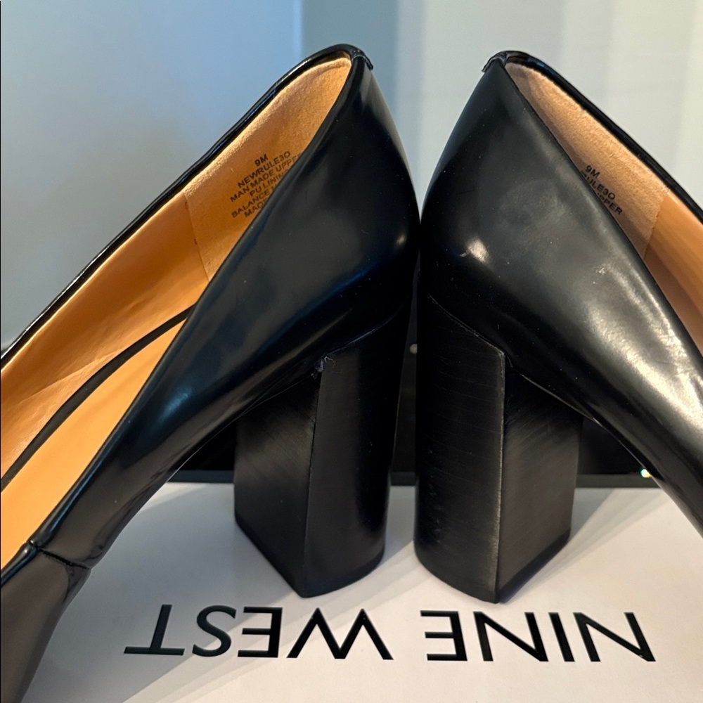 *Nine West NEWRULEO BLACK SY Black Patent Almond Toe Chunky Heel Pump - Picture 6 of 17